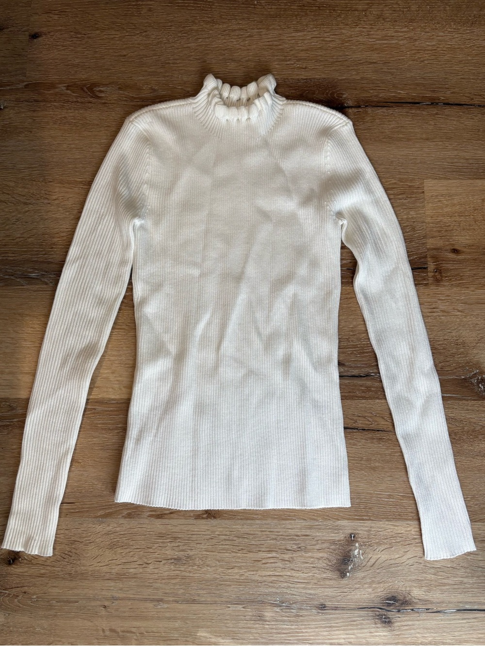 Gianni Bini Ribbed Mock Neck Ruffled Knit Long Sleeve Sweater in Ivory